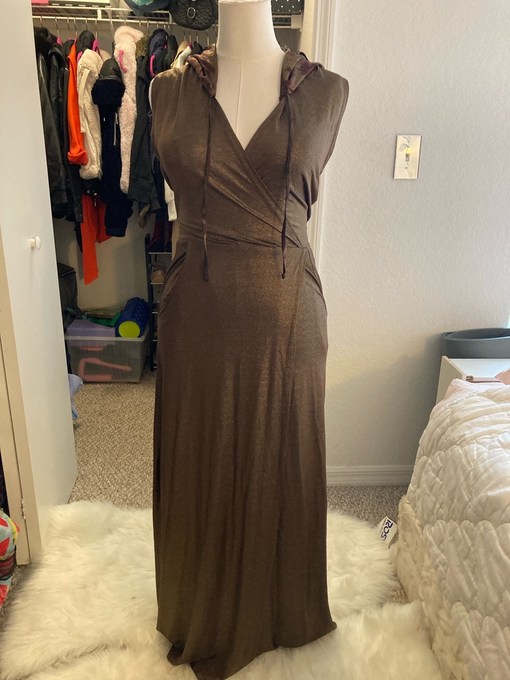 Sleeveless Brown Hooded Wrap Maxi Dress